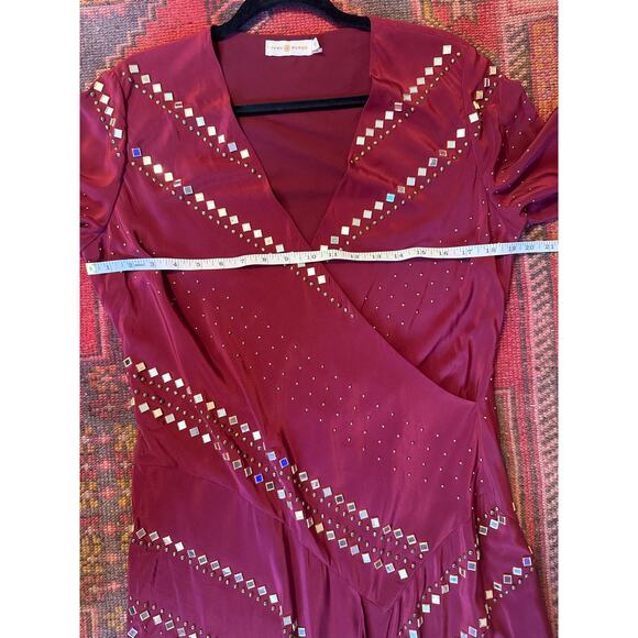 Tory Burch Rare Asymmetrical Burgendy Mirror Embellished Runway Dress 12 - Picture 7 of 11